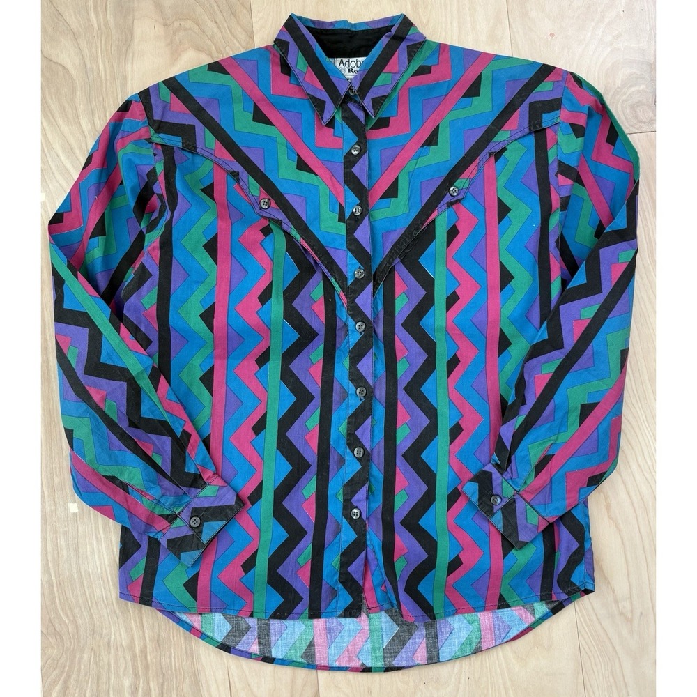 Adobe Rose Vintage 90s Western Shirt Women Size M Aztec Geometric Zig Zag Print